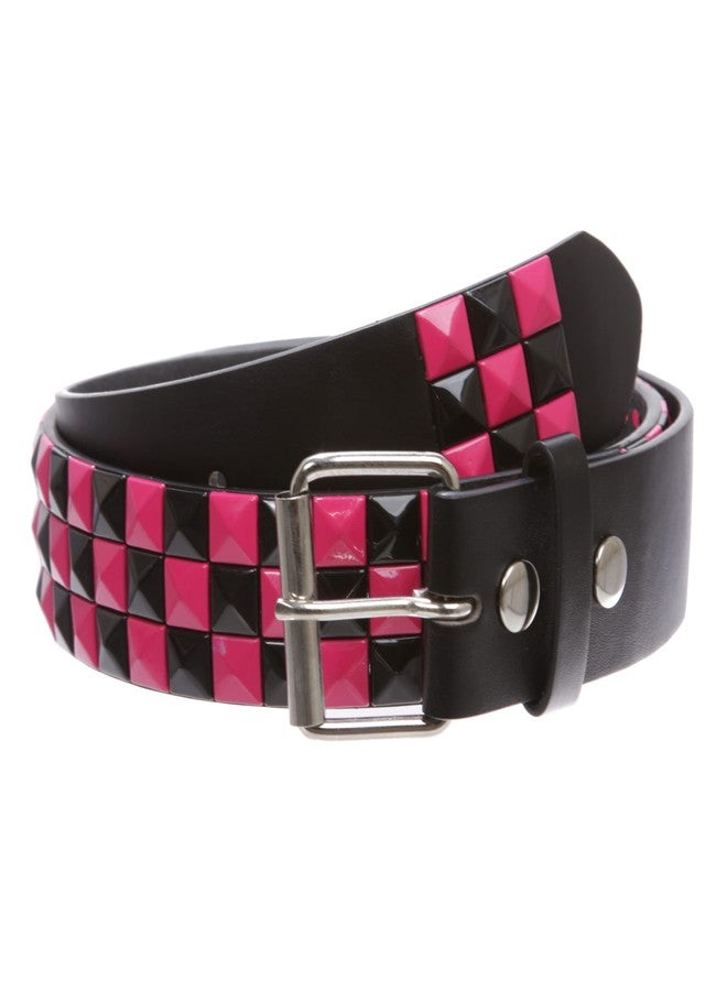 Beltiscool Snap On 1 1/2" Fuchsia & Black Checkerboard Punk Rock Studded Belt, black/fuchsia | s 30"-32" - Image 1